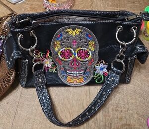 Embroidered Skull Black Handbag